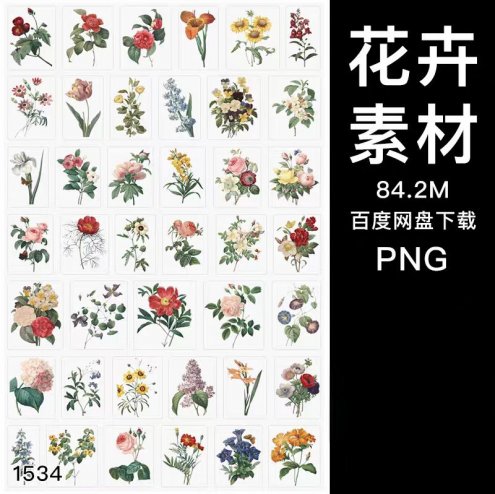 1534款复古Vintage维多利亚时期花朵花卉免扣PNG图案装饰元素PS设计素材