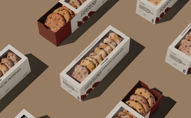 极简巧克力曲奇饼干包装盒纸样机贴图